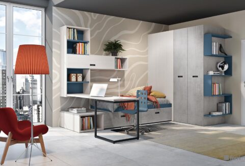 Composizione 151 – Cameretta cabina ad angolo e scrivania penisola by Ferrimobili