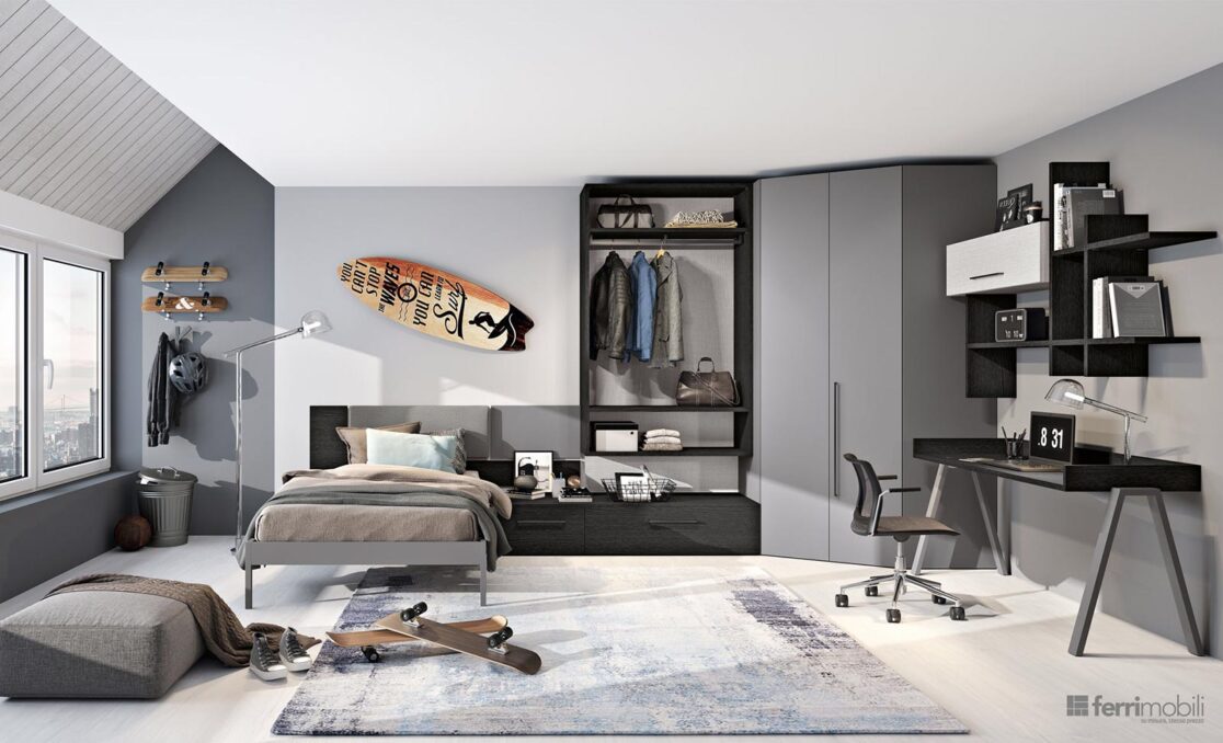 Cameretta cabina armadio ad angolo letto e scrivania - Composizione 146