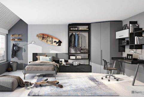 Composizione 146 – Cameretta cabina armadio ad angolo letto e scrivania by Ferrimobili