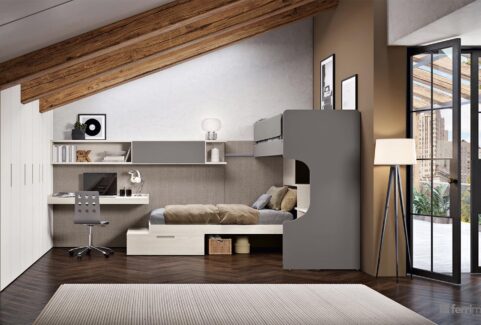 Composizione 112 – Cameretta con mansarda a travi e doppio letto scorrevole by Ferrimobili