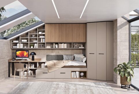 Composizione 117 – Cameretta mansarda a ponte con cabina ad angolo by Ferrimobili