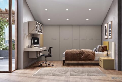 Composizione 114 – Cameretta mansarda con ripostiglio e scrivania by Ferrimobili