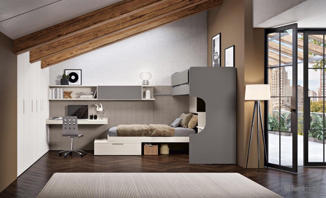 Cameretta mansarda travi doppio letto scorrevole - Composizione 139