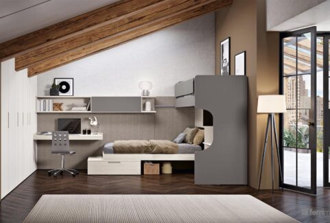 Composizione 139 – Cameretta mansarda travi doppio letto scorrevole by Ferrimobili