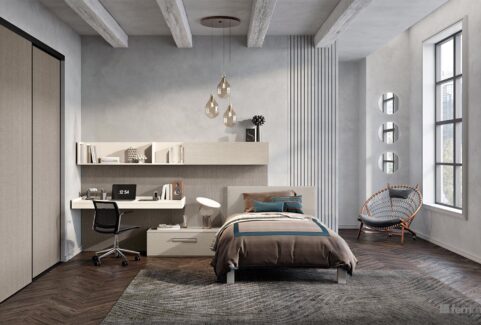 Composizione 120 – Cameretta nicchia ante scorrevoli scrivania sospesa by Ferrimobili