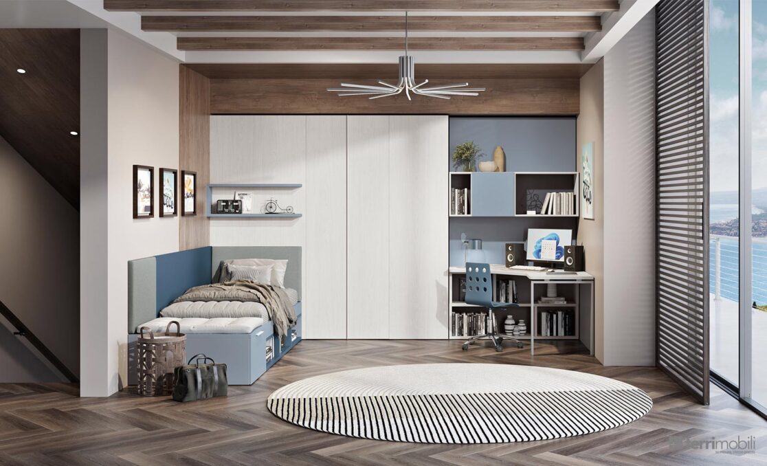 Cameretta nicchia armadio cabina e scrivania ad angolo - Composizione 127