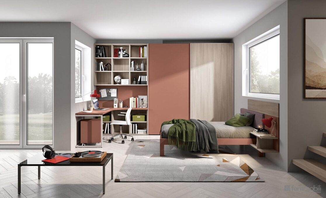 Cameretta nicchia armadio scorrevole e scrivania ad angolo - Composizione 123