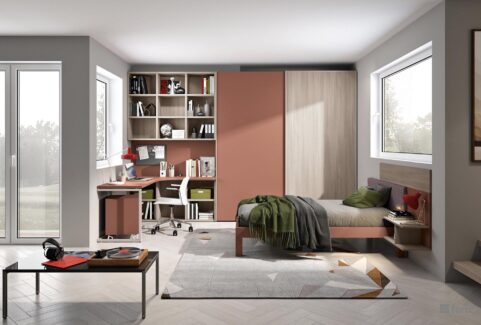 Composizione 123 – Cameretta nicchia armadio scorrevole e scrivania ad angolo by Ferrimobili