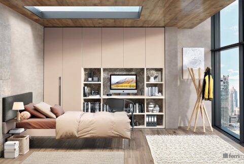 Composizione 122 – Cameretta nicchia con cabina armadio letto testata imbottita by Ferrimobili
