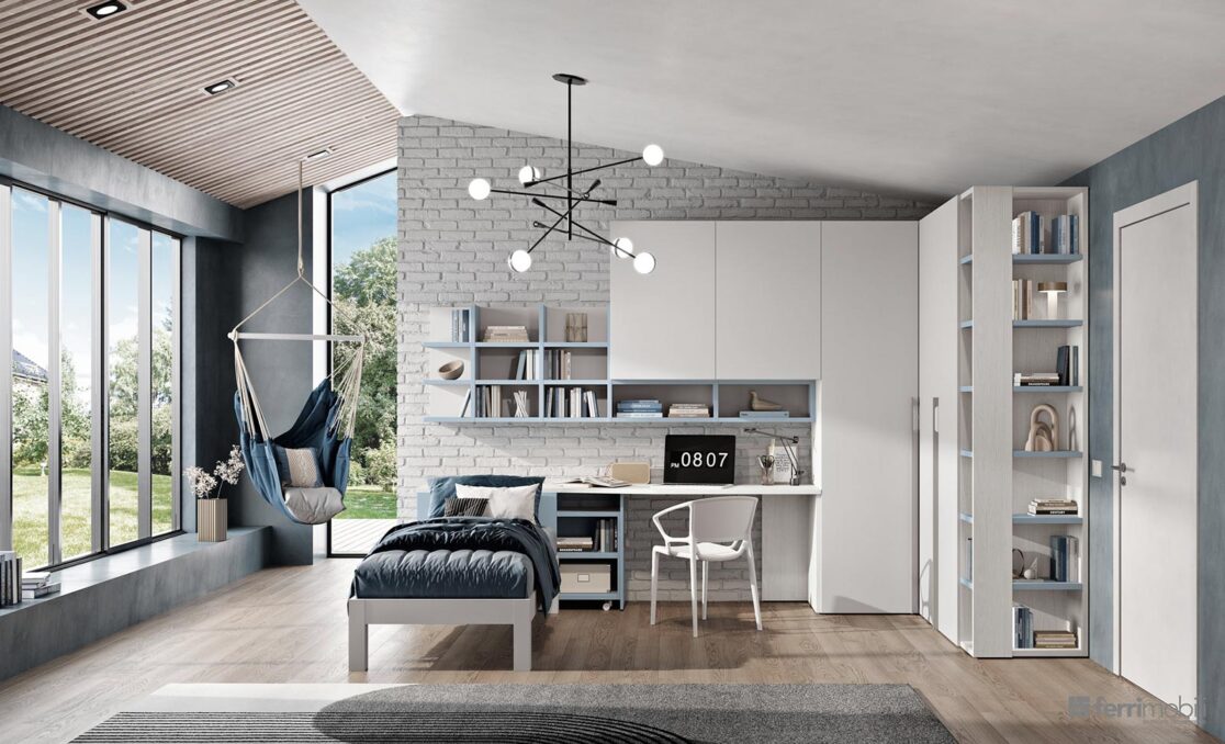 Cameretta ponte armadio ad angolo scrivania estraibile - Composizione 130