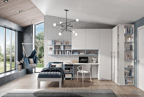 Composizione 130 –  Cameretta ponte armadio ad angolo scrivania estraibile by Ferrimobili