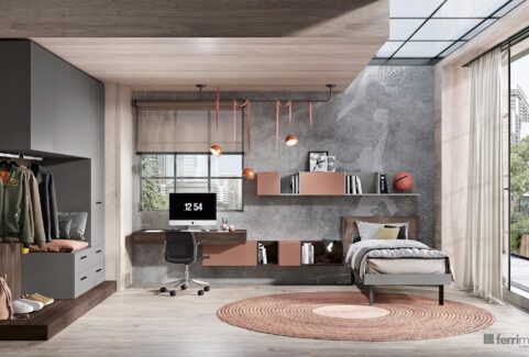 Composizione 133 – Cameretta ponte con scrivania e comodino sospeso by Ferrimobili