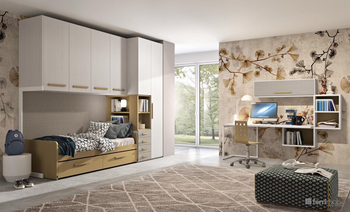 Cameretta ponte divano letto armadio profondo 90 - Composizione 136