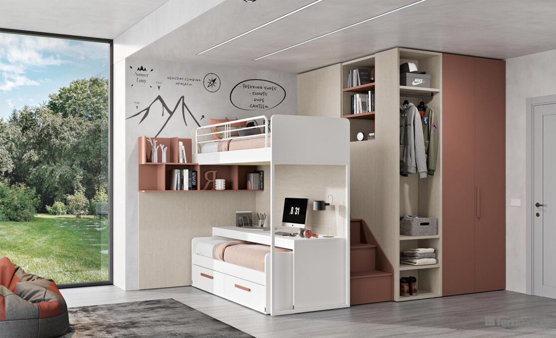 Cameretta stanza studio doppio letto scorrevole e scrivania - Composizione 138