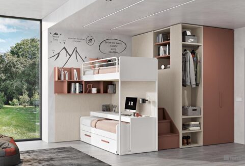 Composizione 138 – Cameretta stanza studio doppio letto scorrevole e scrivania by Ferrimobili