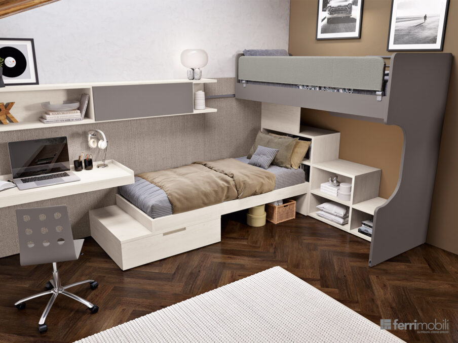 centro_delle_camerette_cameretta con mansarda a travi e doppio letto scorrevole