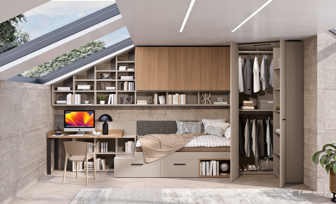 centro_delle_camerette_cameretta mansarda a ponte con cabina ad angolo by ferrimobili